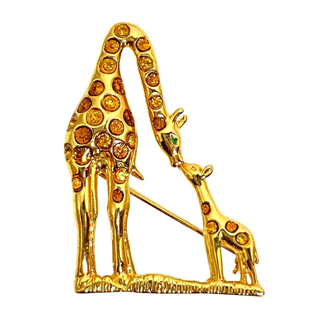 Giraffe Mom and Baby Brooch with Topaz Green Crystals Gold Tone Animal Pin